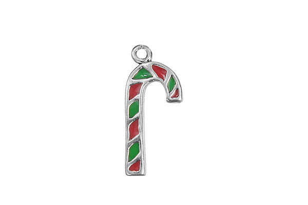 Sterling Silver Red & Green Candy Cane Charm, 22.0x10.0mm