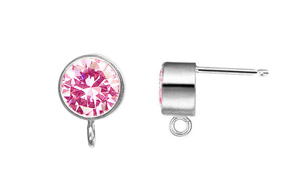 Sterling Silver Post Earring, 6.0mm Pink CZ Bezel w/Ring