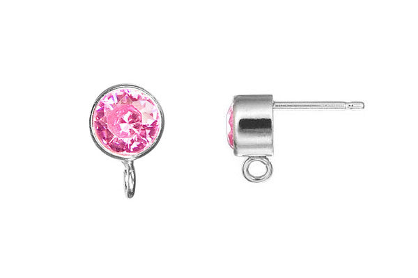 Sterling Silver Post Earring, 5.0mm Pink CZ Bezel w/Ring