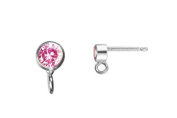 Sterling Silver Post Earring, 3.0mm Pink CZ Bezel w/Ring